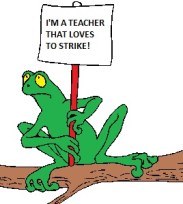 Frog holding teacher strike sign 2